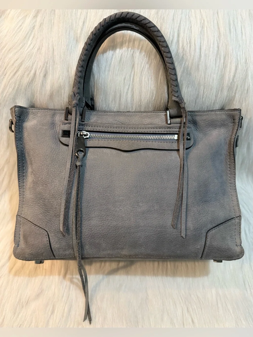 Rebecca Minkoff Regan Nubuck Leather Satchel Tote Crossbody Tassels Gray GUC